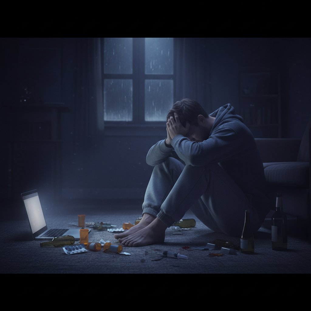 Człowiek z głową opuszczoną w dłoniach, ciemne pomieszczenie, wyraz smutku i rezygnacji, terapia uzależnień