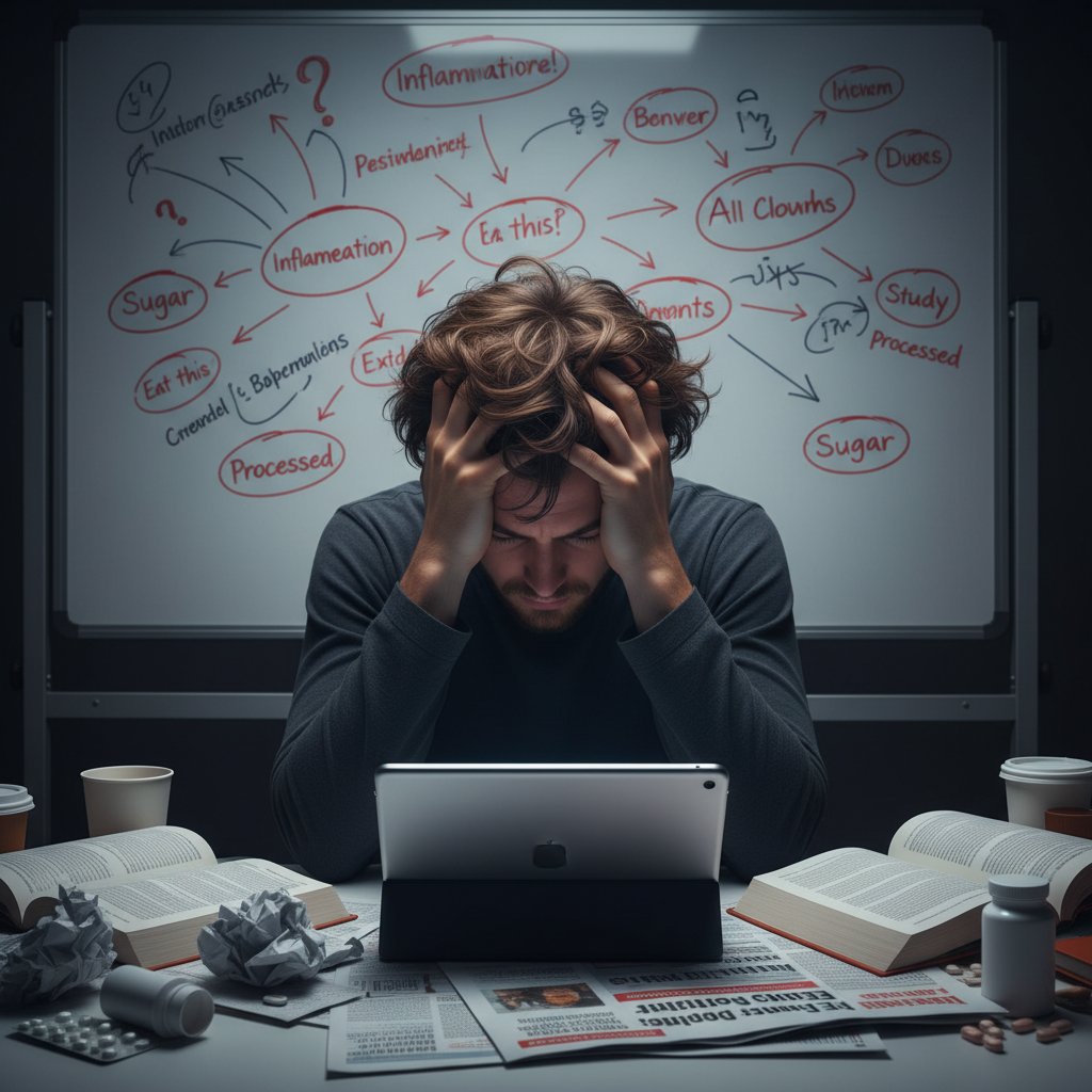 Osoba z dłońmi na głowie, otoczona wydrukami artykułów zdrowotnych; klimat: zamieszanie, temat: najczęstsze błędy w informacjach zdrowotnych