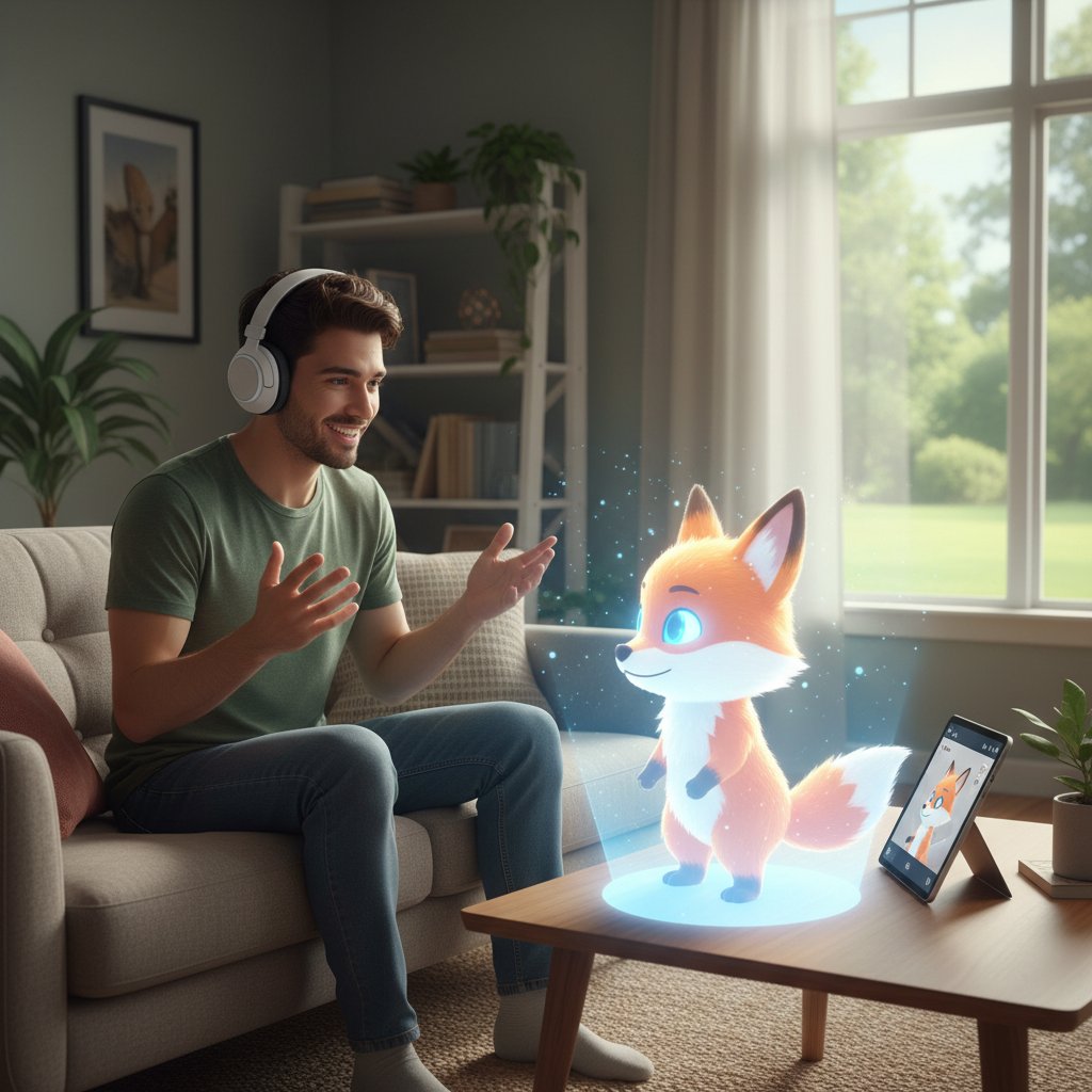 Osoba w słuchawkach prowadząca rozmowę z wirtualną postacią w domowym zaciszu