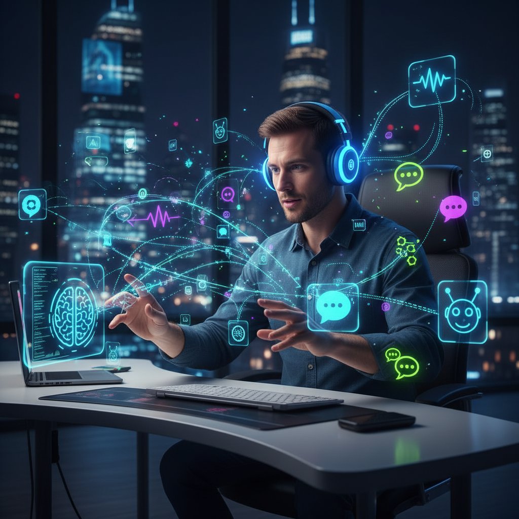 Osoba w słuchawkach, otoczona cyfrowymi ikonami AI i rozmów