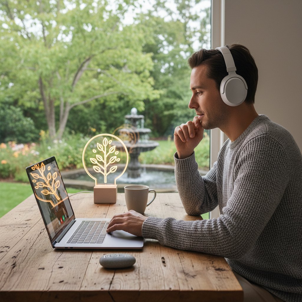 Osoba rozmawiająca przez słuchawki z laptopem, gestykulująca z zaangażowaniem; temat: psychologiczny reset online