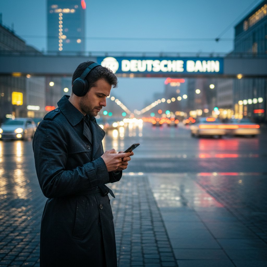 Zbliżenie na osobę w skupieniu słuchającą niemieckiego przez słuchawki, tło – urbanistyczne wieczorne światło