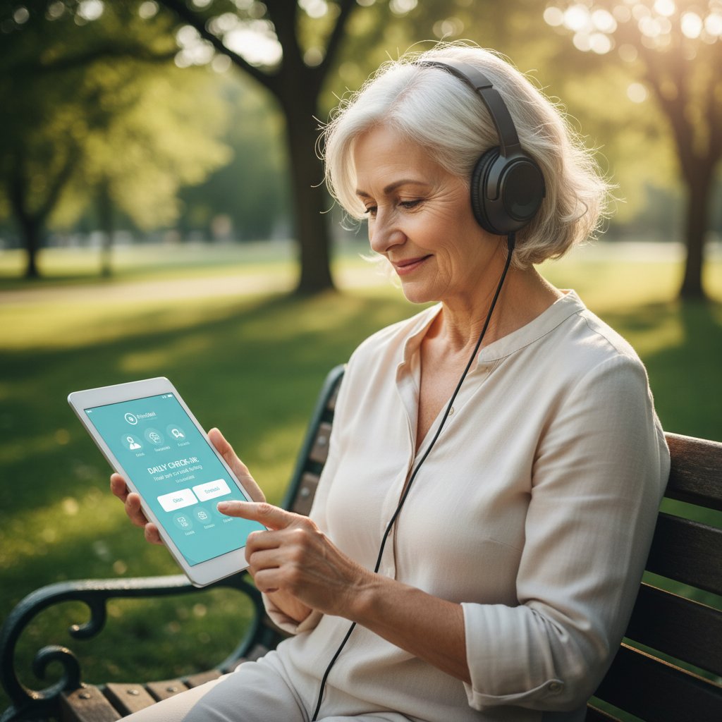 Mensch mit Headset im Beratungszentrum zeigt Seniorin, wie sie eine App zur Stimmungsprotokollierung nutzt