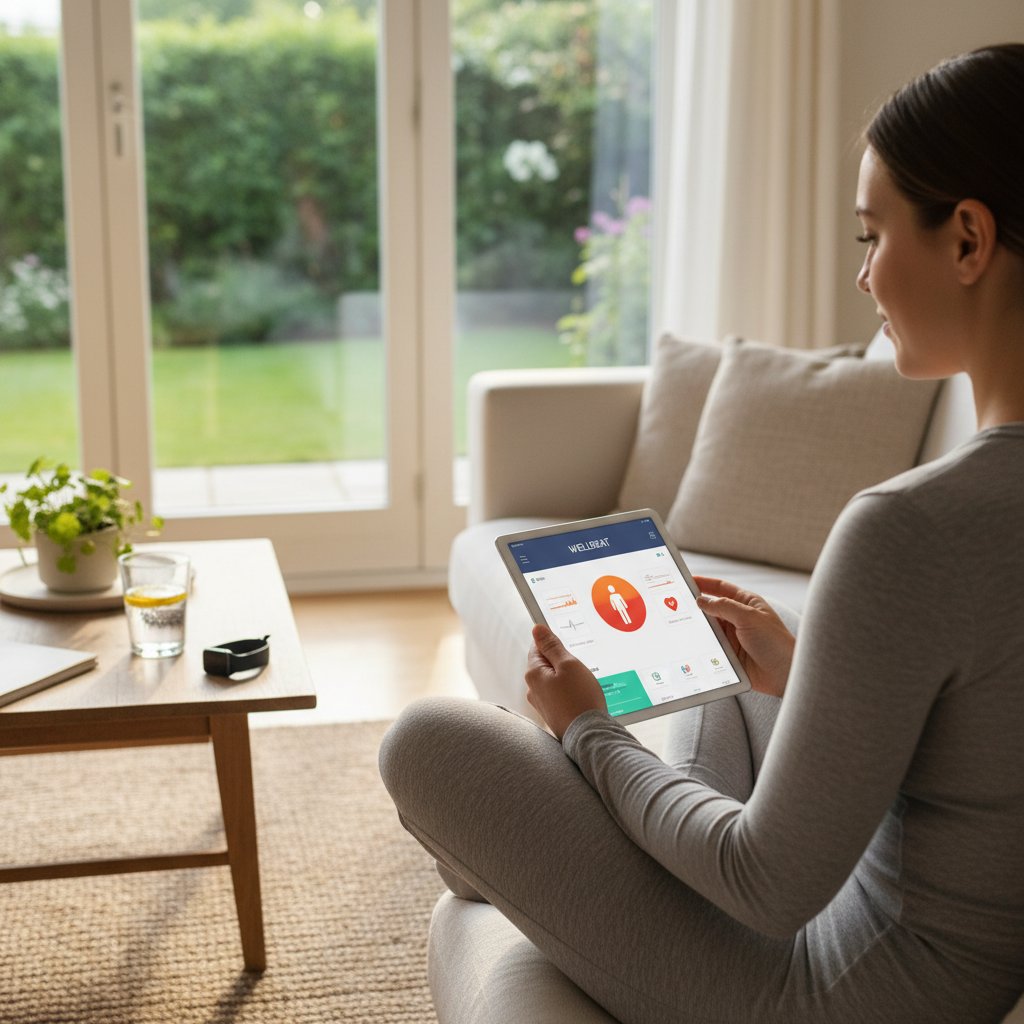 Osoba korzystająca z aplikacji zdrowotnej na smartfonie w domowych warunkach