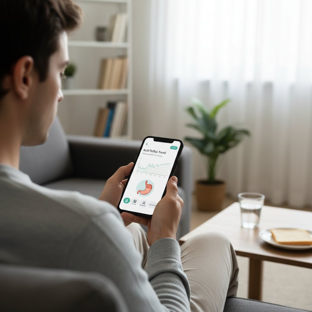 Osoba korzystająca z aplikacji zdrowotnej na smartfonie, domowe warunki, temat: technologia i refluks żołądkowy