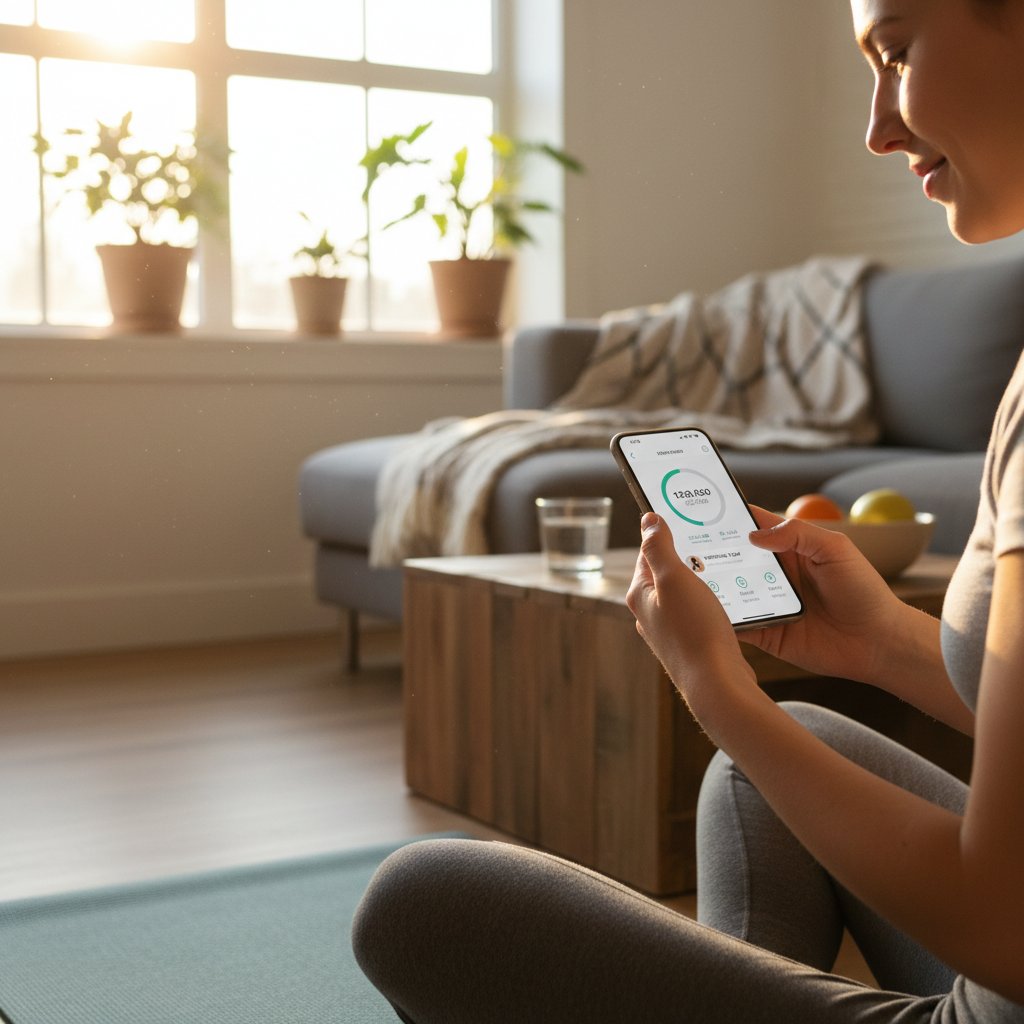 Osoba korzystająca z aplikacji zdrowotnej na smartfonie, domowe otoczenie, naturalne światło