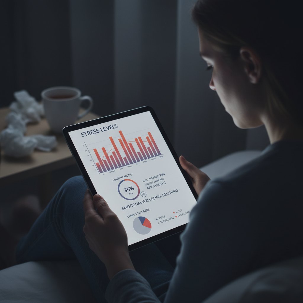 Osoba zestresowana patrzy na statystyki w aplikacji zdrowotnej, przygnębienie