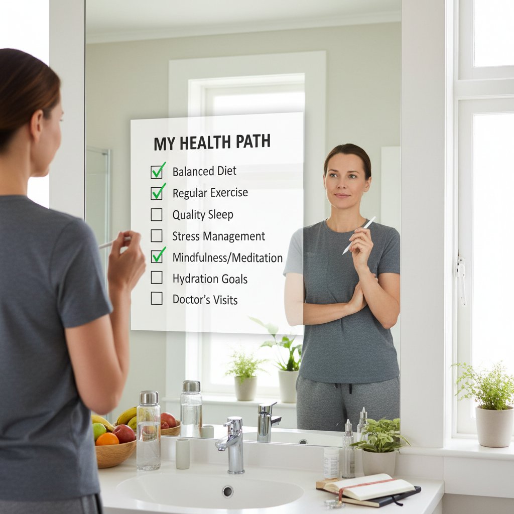 Osoba analizująca decyzje zdrowotne z checklistą w ręku, lustro, poranek, refleksja