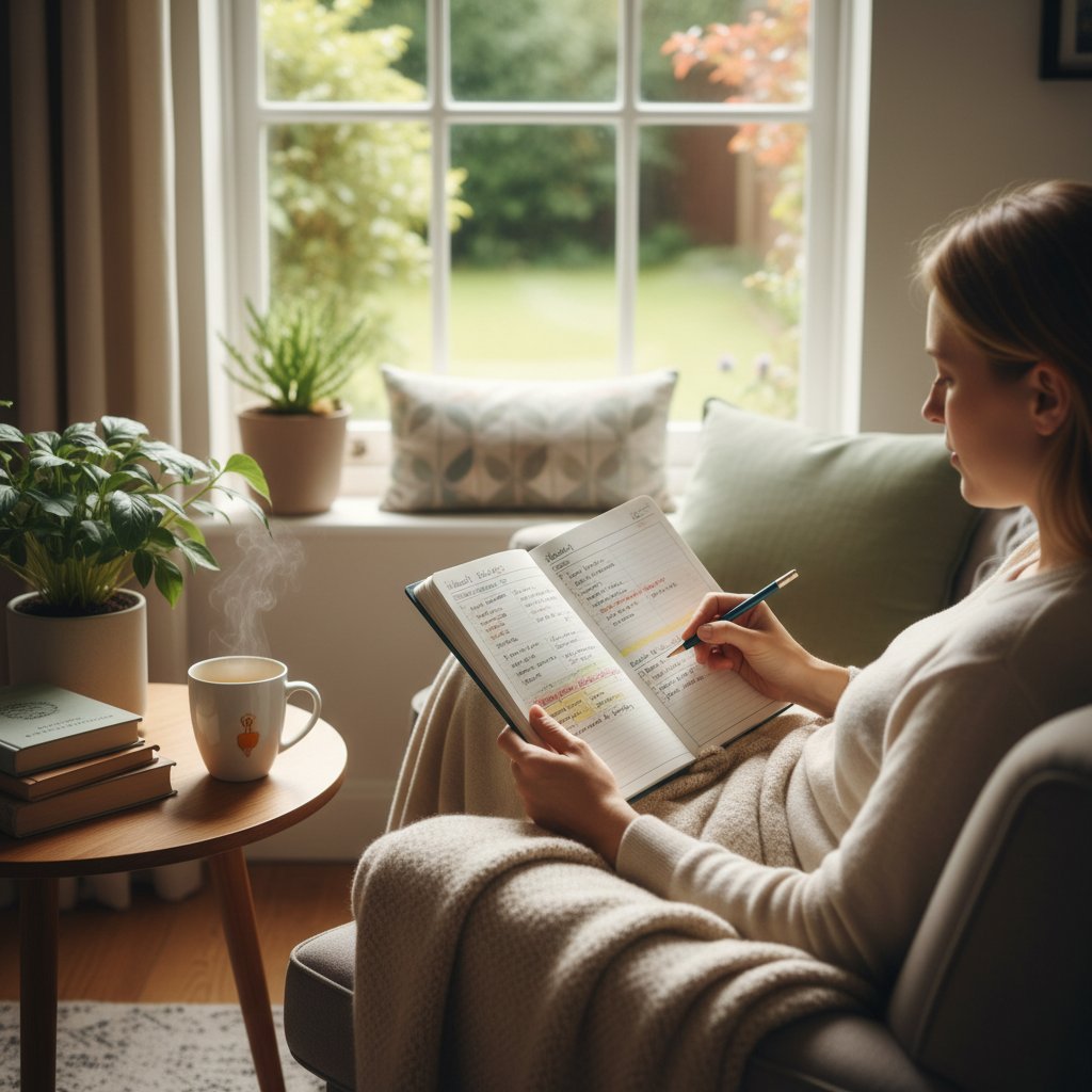 Osoba prowadząca dziennik zdrowia w przytulnym domu, motywująca sceneria