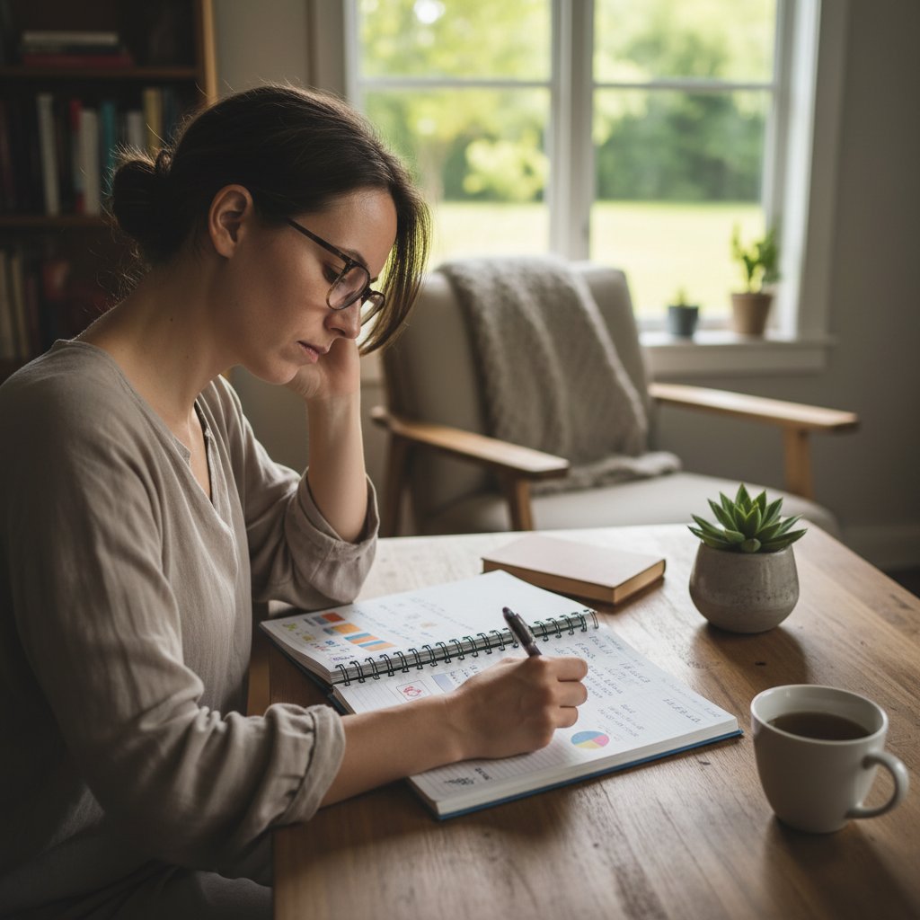Osoba trzymająca dziennik zdrowia, skupiona twarz, motyw samoobserwacji, domowe otoczenie