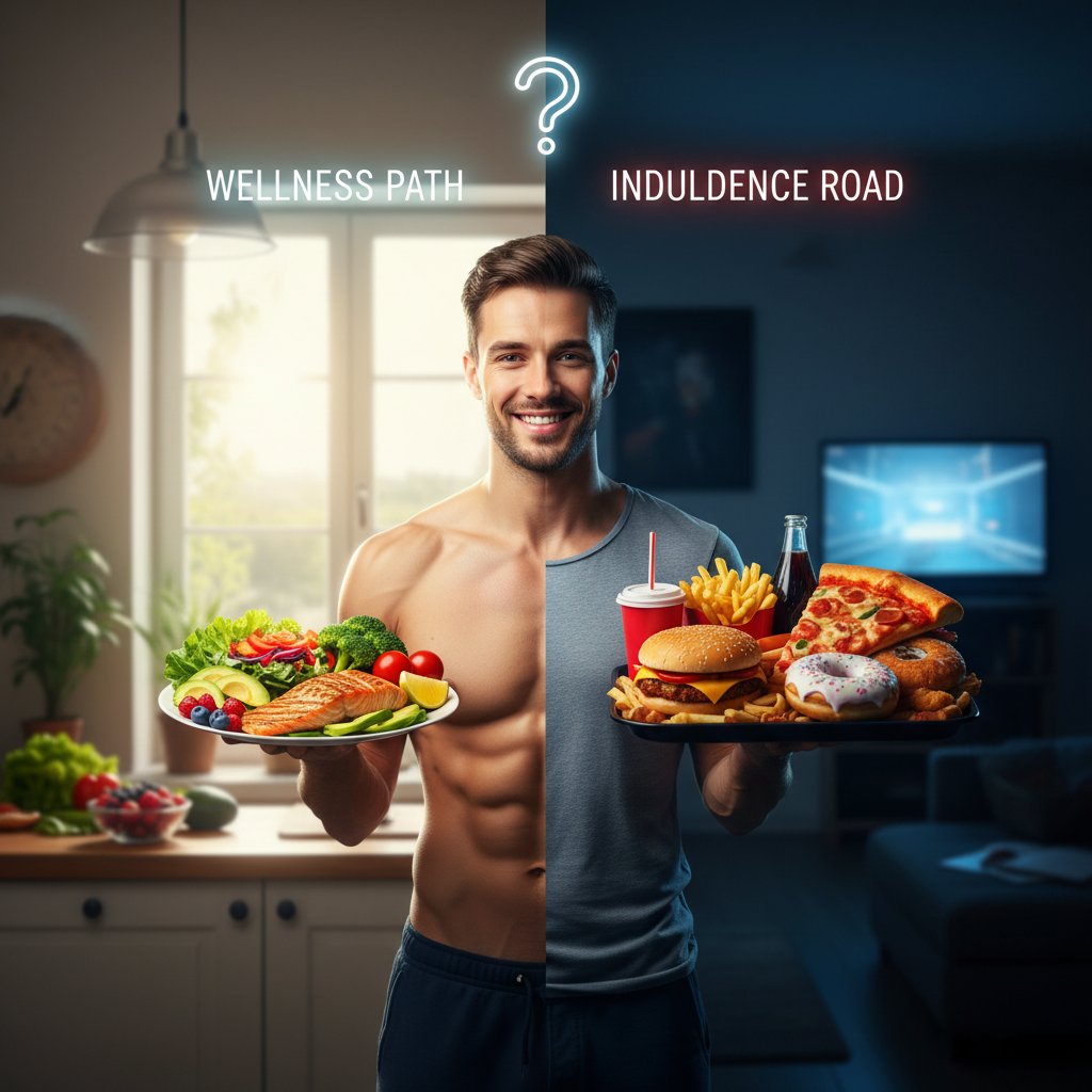 Emocjonalny wybór między zdrowym a niezdrowym jedzeniem, silny kontrast, walka