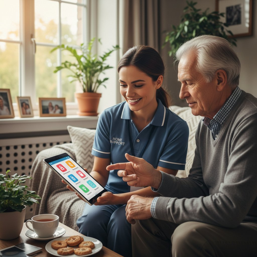 Osoba pomagająca seniorowi obsłużyć nowoczesny tablet, domowa atmosfera