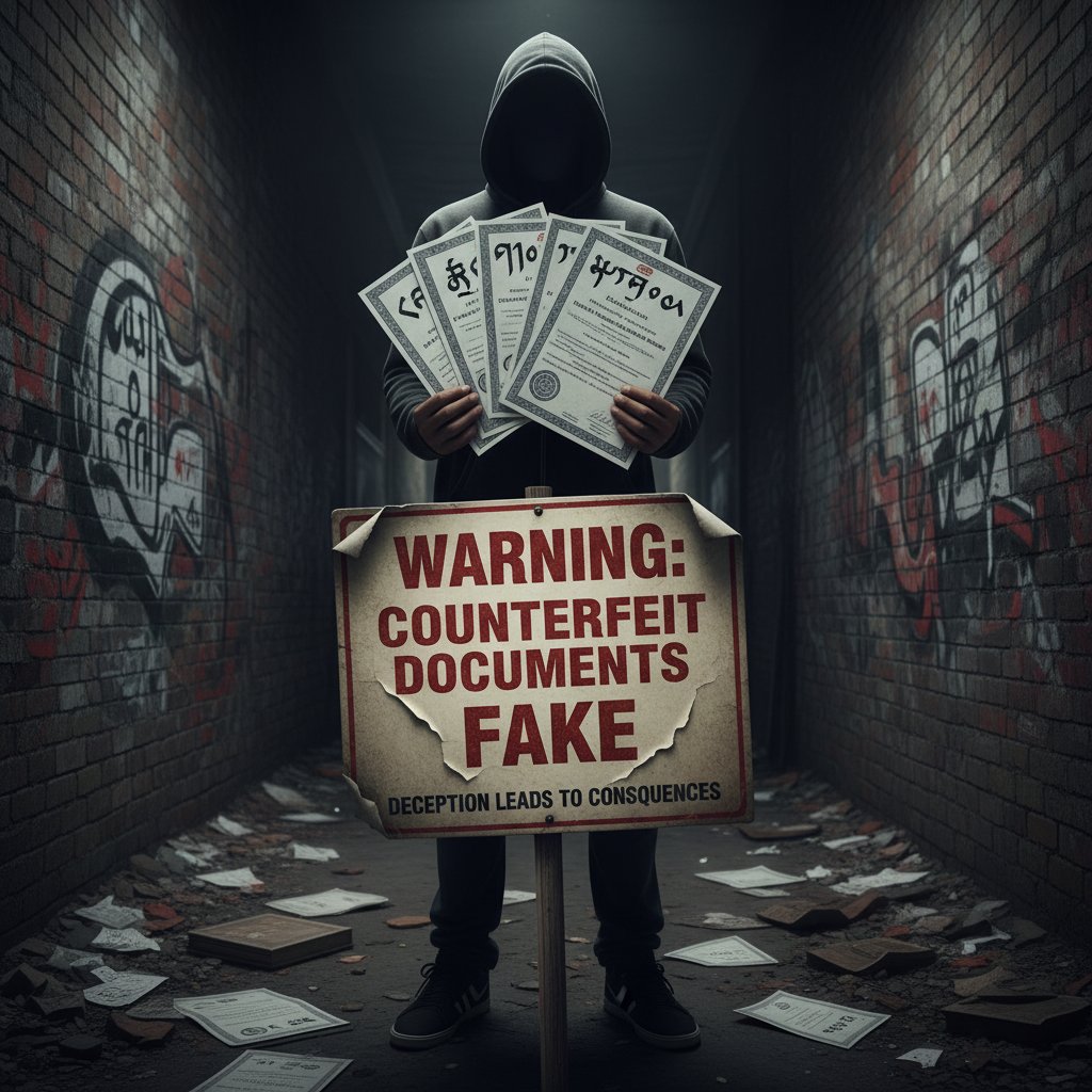 Osoba z ukrytą twarzą, trzymająca fałszywe certyfikaty językowe, klimat ostrzegawczy