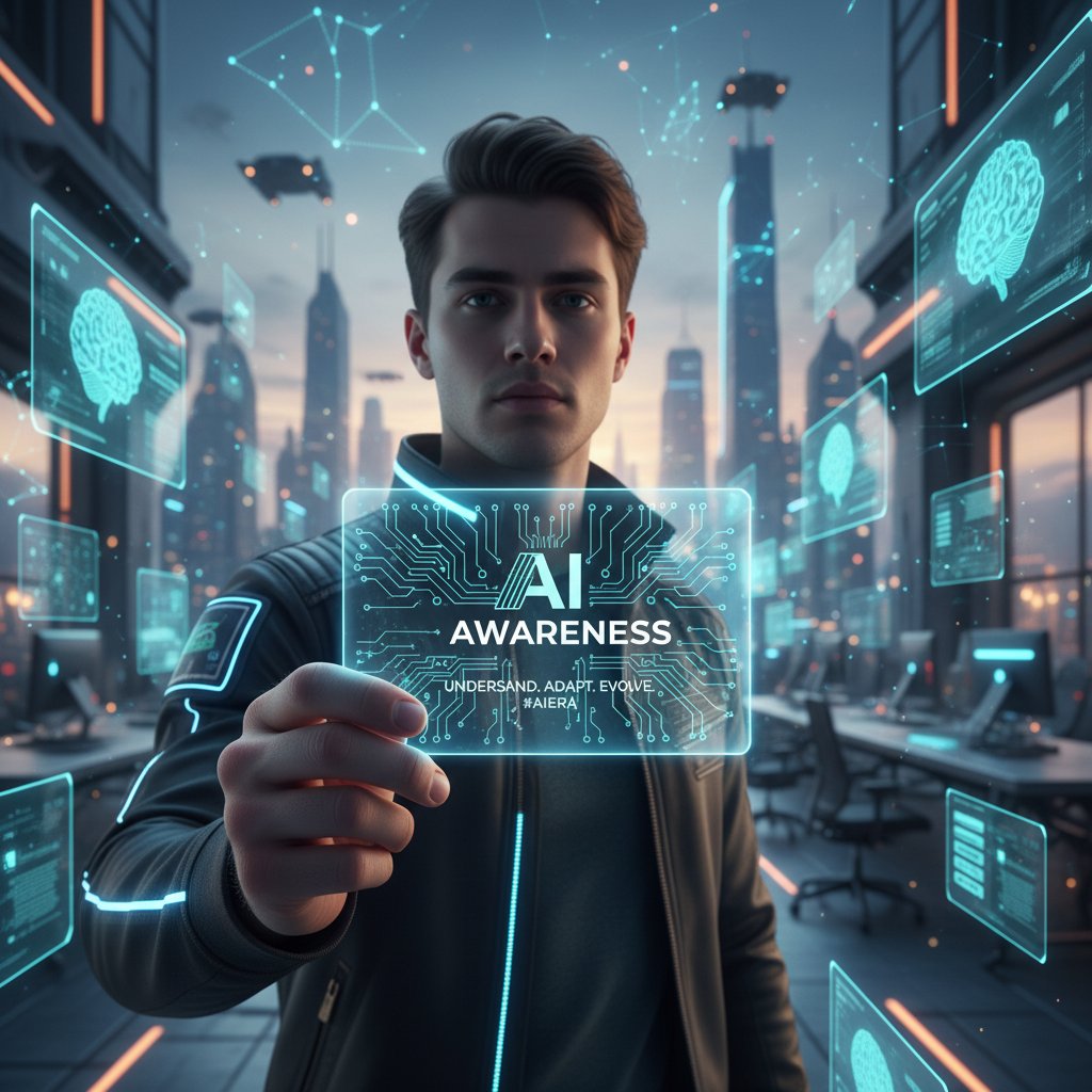 Osoba trzymająca w dłoni kartę z napisem „świadomość”, symbolizująca kontrolę nad umysłem w erze AI