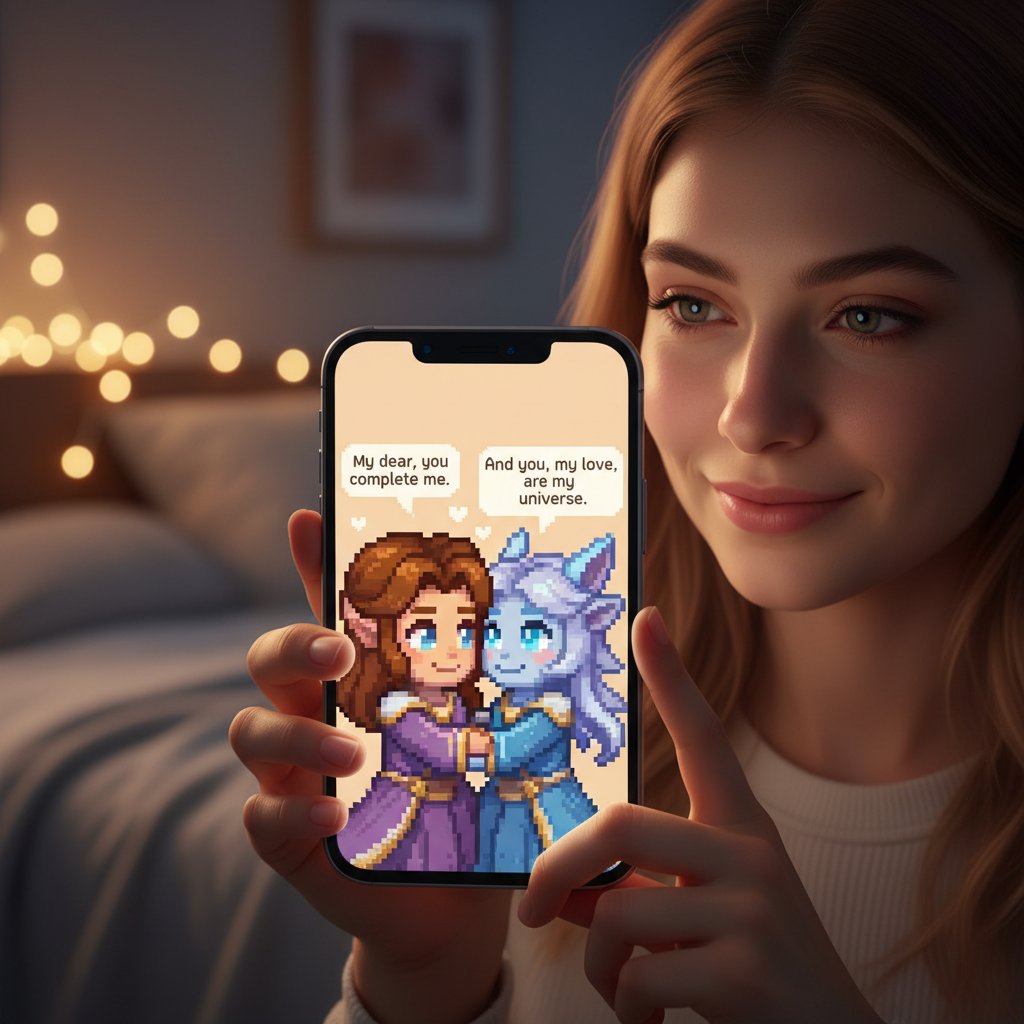 Person hält Smartphone, auf dem ein romantischer KI-Chat mit pixeligem Avatar zu sehen ist – Szene betont emotionale Nähe durch Technik