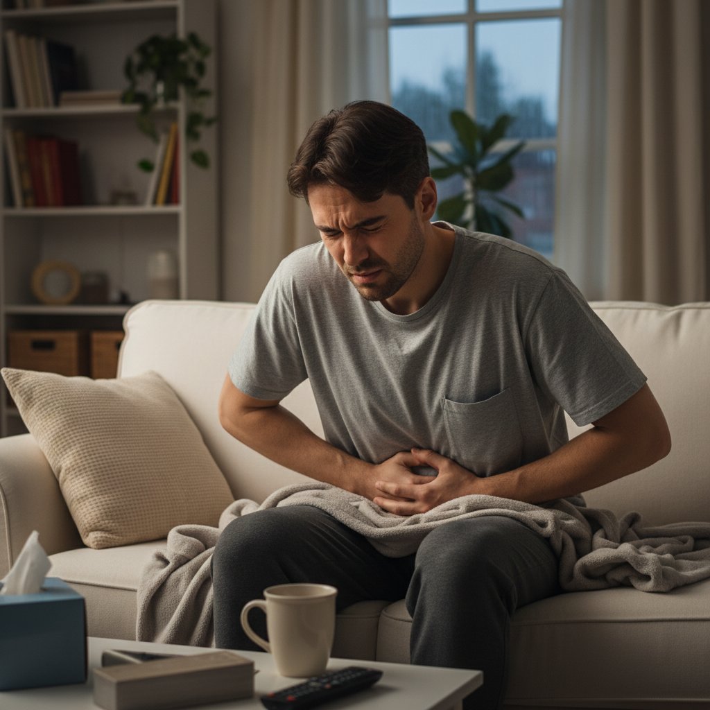 Osoba trzymająca się za brzuch z widocznym grymasem bólu, w domowym otoczeniu, symbolizująca objawy nietolerancji glutenu