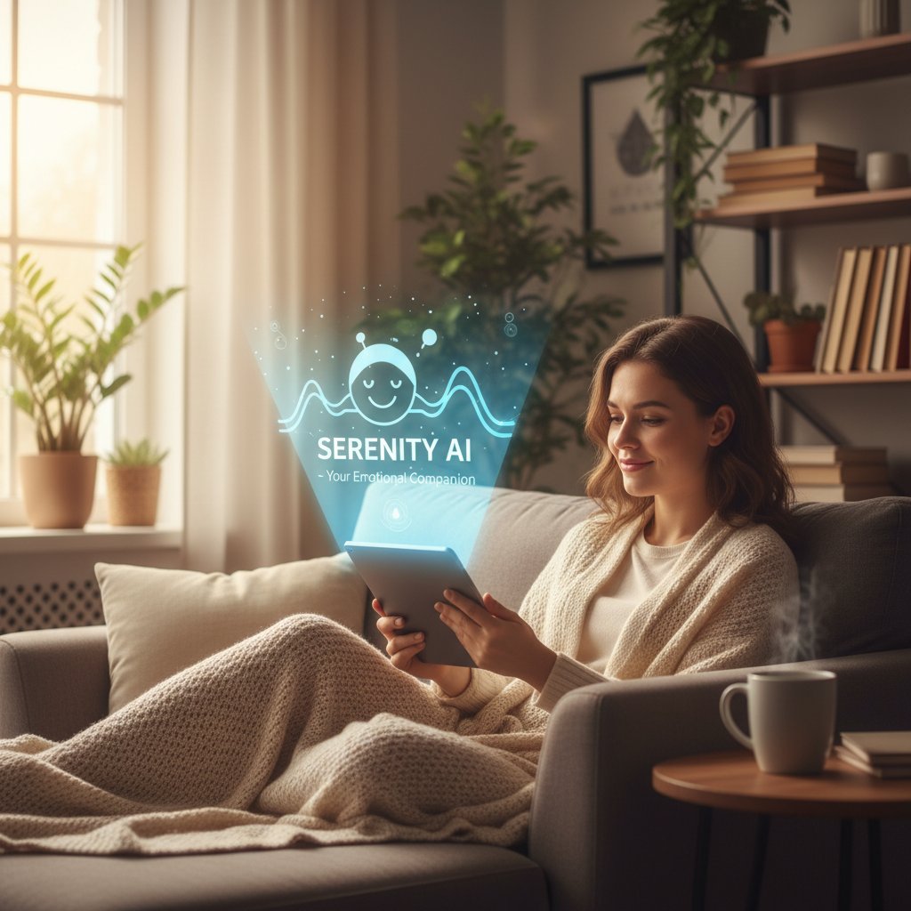 Osoba siedzi w domowym zaciszu, korzysta z aplikacji AI do wsparcia emocjonalnego