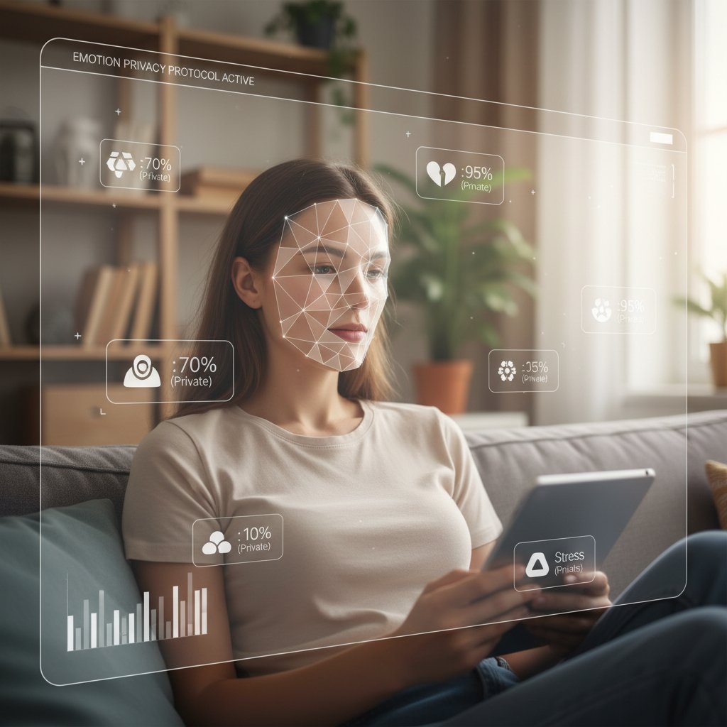 Osoba w domu z urządzeniem AI, które monitoruje emocje domowników przez kamerę i mikrofon