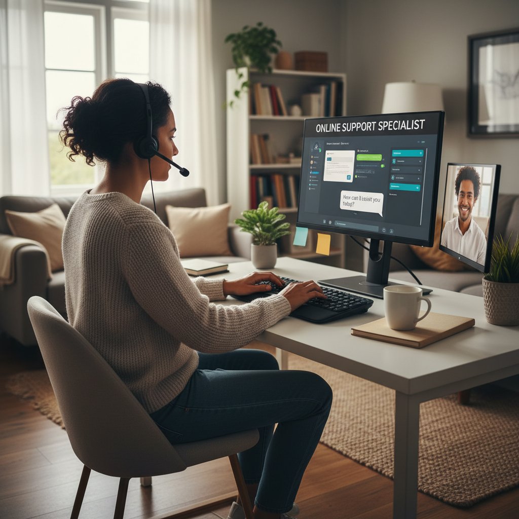 Osoba korzystająca z komputera w domowym zaciszu – ilustracja dostępności wsparcia online