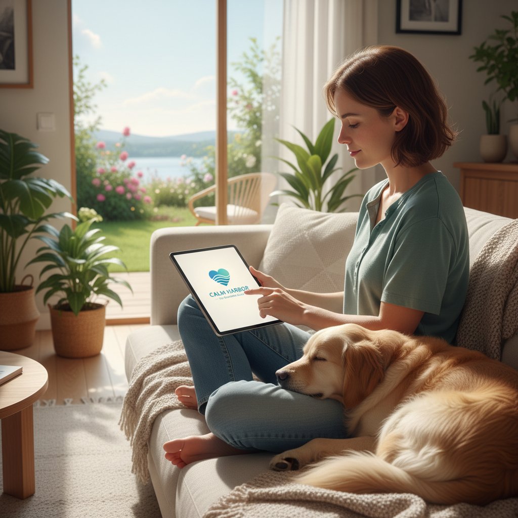 Osoba korzystająca z aplikacji wsparcia emocjonalnego w domu, spokój, słowa kluczowe: wsparcie emocjonalne, chlopak.ai, porady randkowe