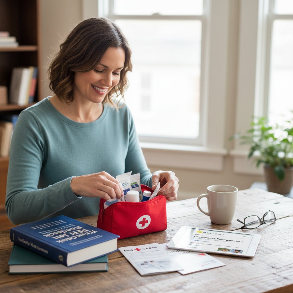 Osoba przygotowująca apteczkę domową i listę zaufanych źródeł na stole