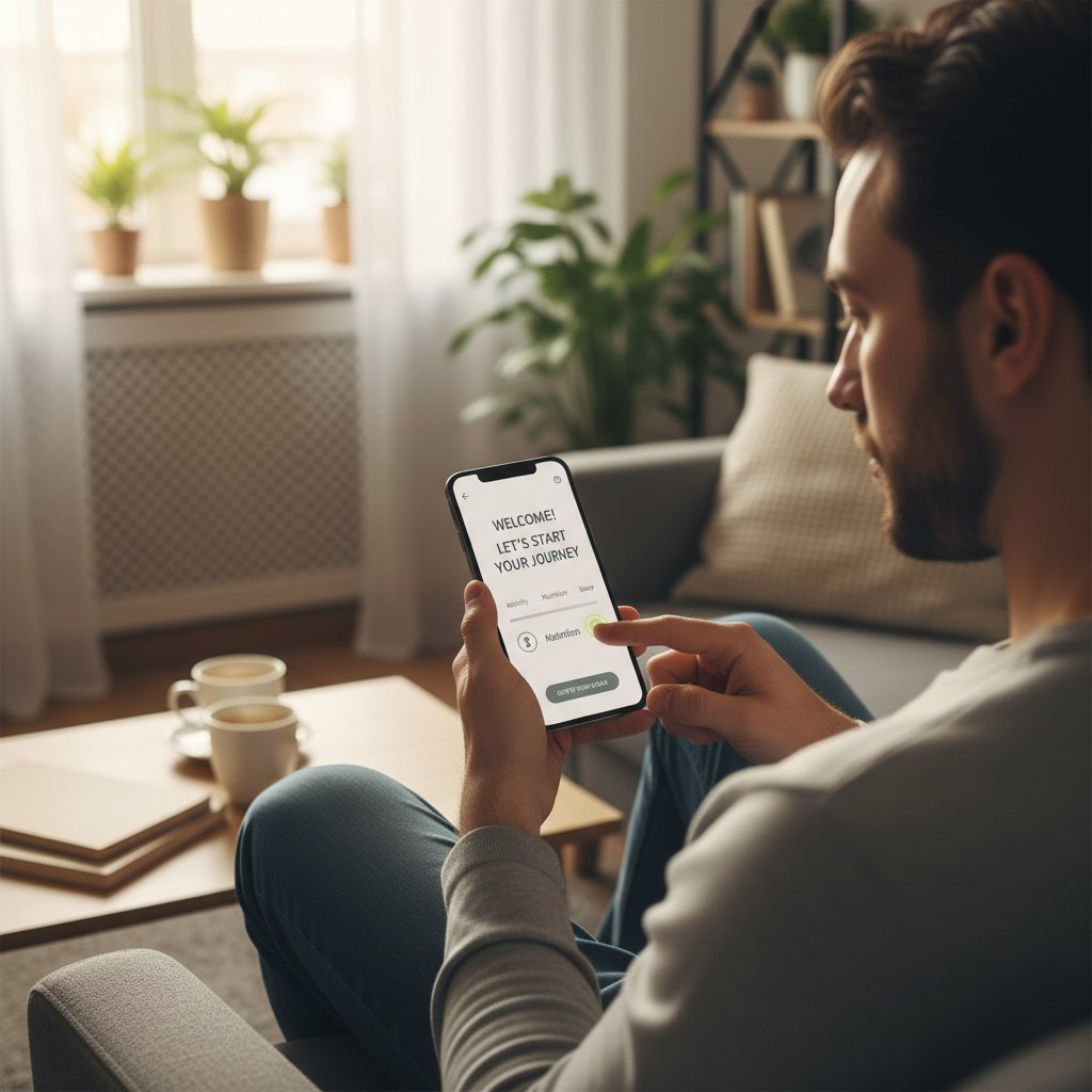 Zdjęcie przedstawiające młodą osobę w domu podczas pierwszego użycia aplikacji zdrowotnej