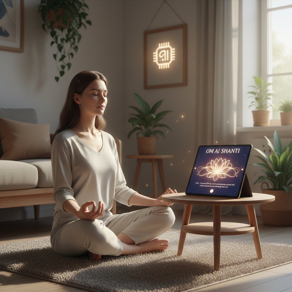 Osoba korzystająca z aplikacji do medytacji AI w domowym zaciszu, ekran z tekstem modlitwy