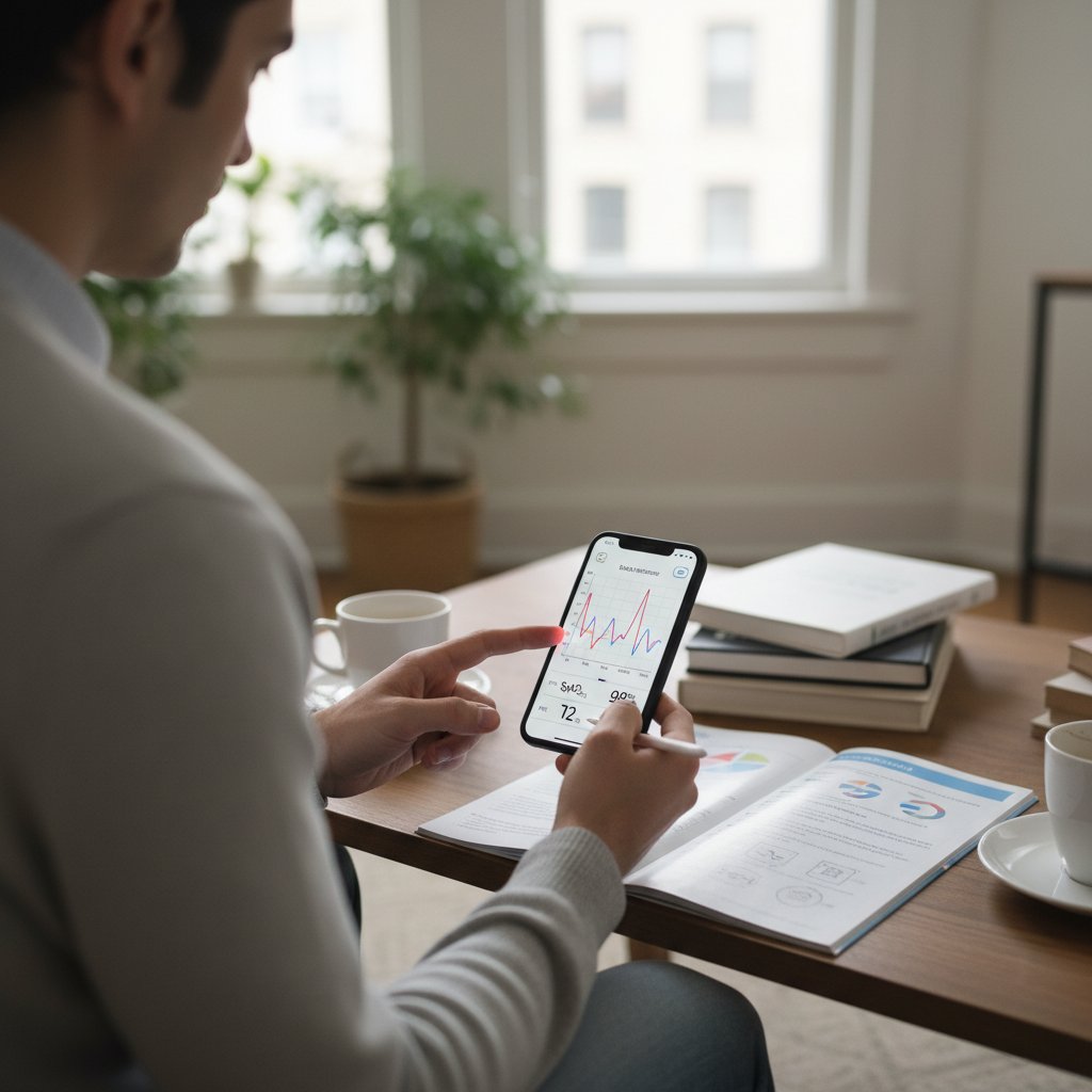 Domowe wnętrze, osoba analizuje wyniki saturacji i sprawdza instrukcję obsługi