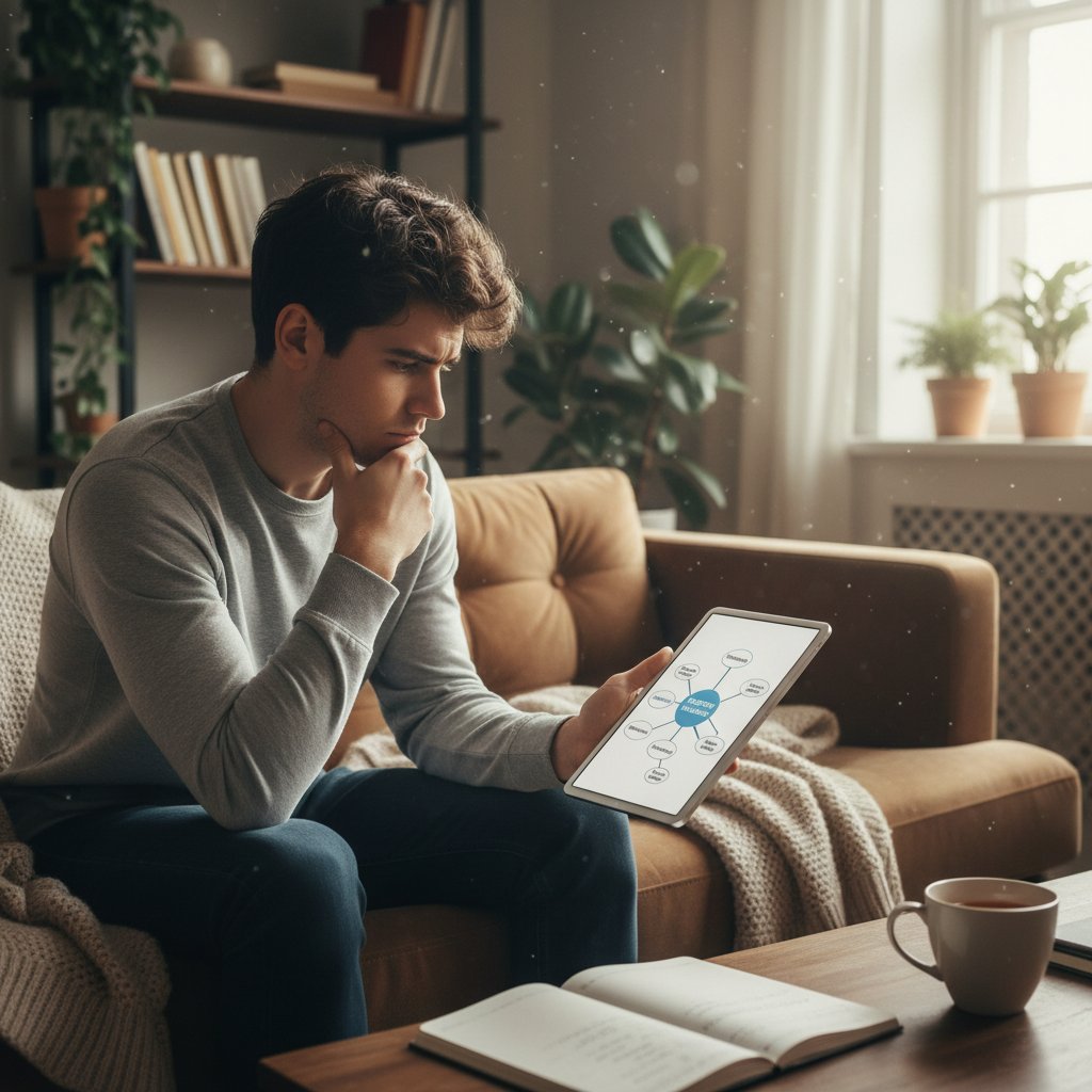 Osoba w domu analizująca objawy na kartce, zamyślona mina