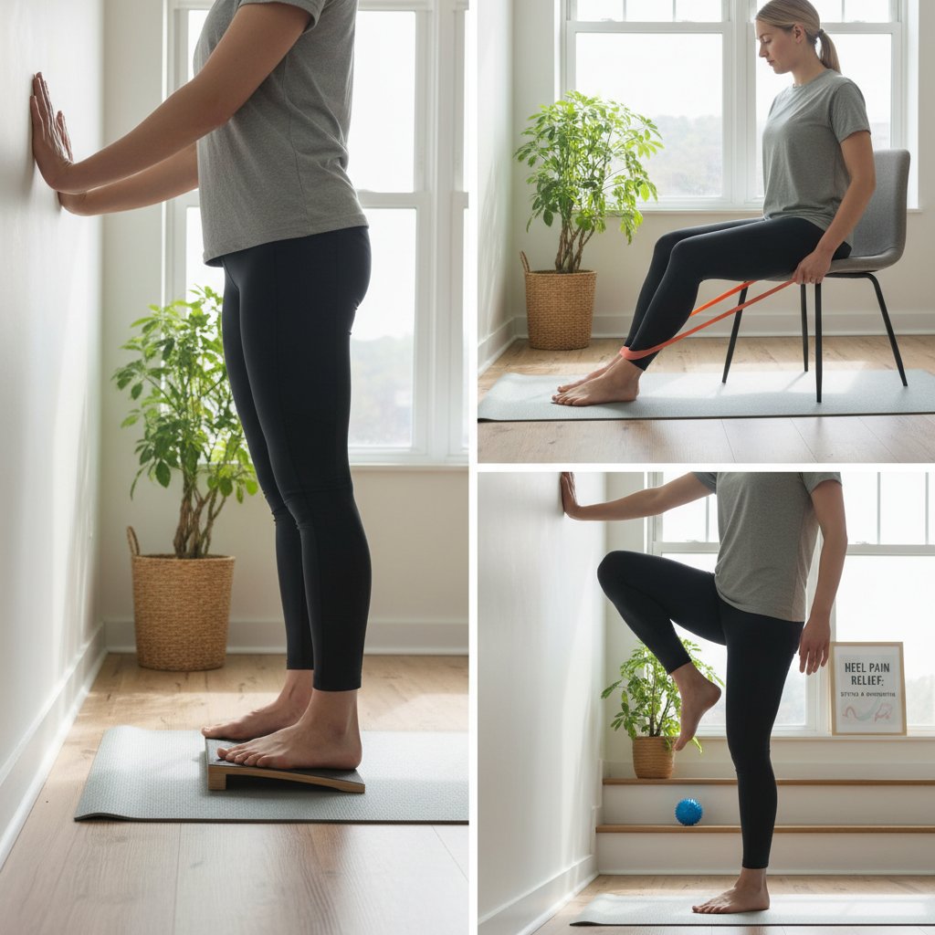 Osoba wykonuje ćwiczenie profilaktyczne na piętę w domu – zapobieganie bólowi pięty