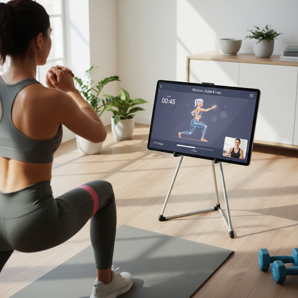 Osoba ćwicząca z aplikacją na telefonie, mieszkanie, minimalistyczny sprzęt