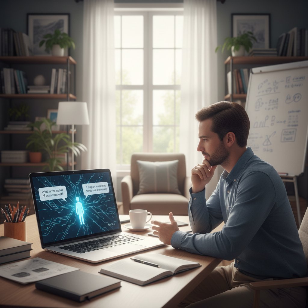 Osoba korzystająca z laptopa w domowym biurze, angażująca się w filozoficzną rozmowę z AI