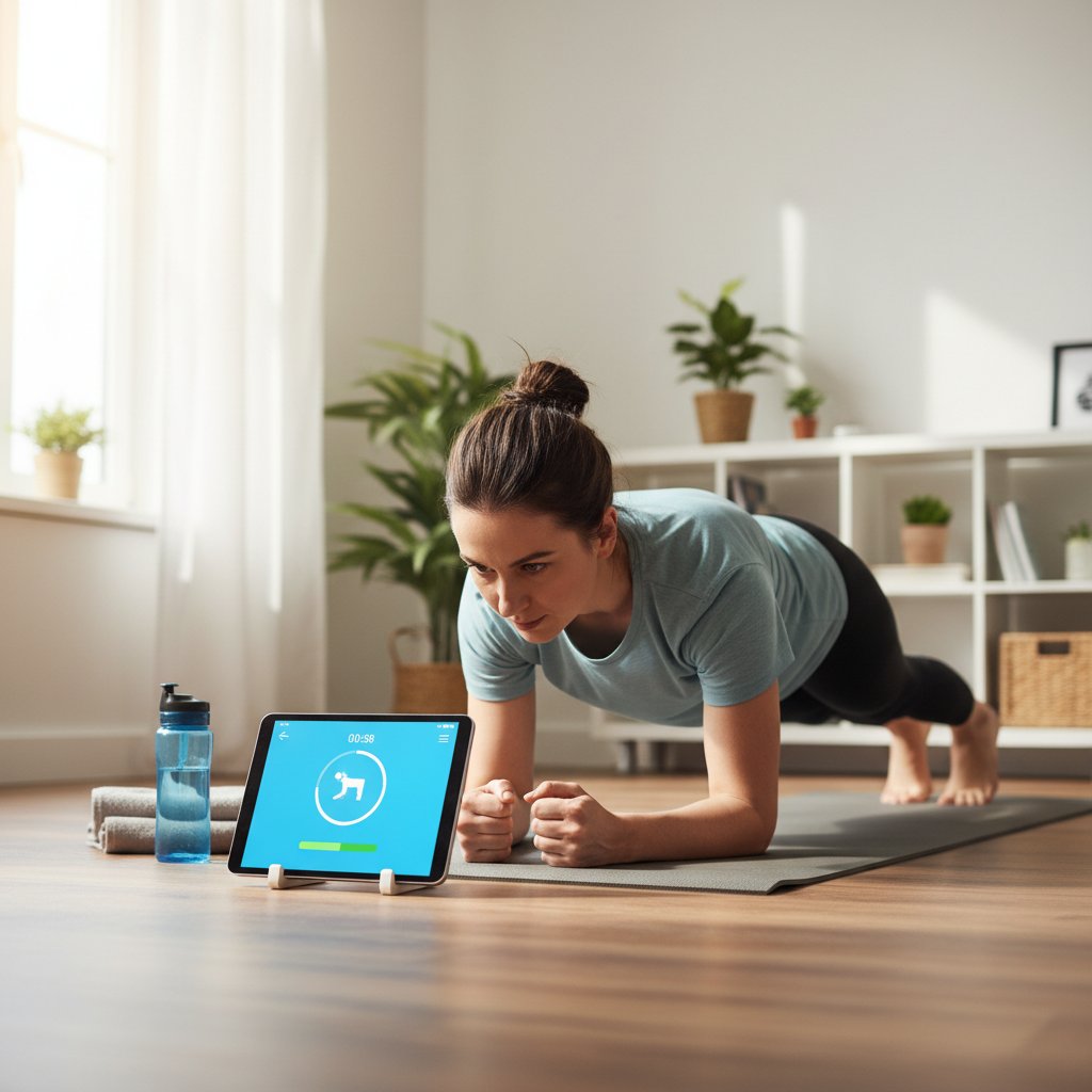 Osoba ćwicząca plank w salonie, korzystająca z aplikacji fitness na telefonie