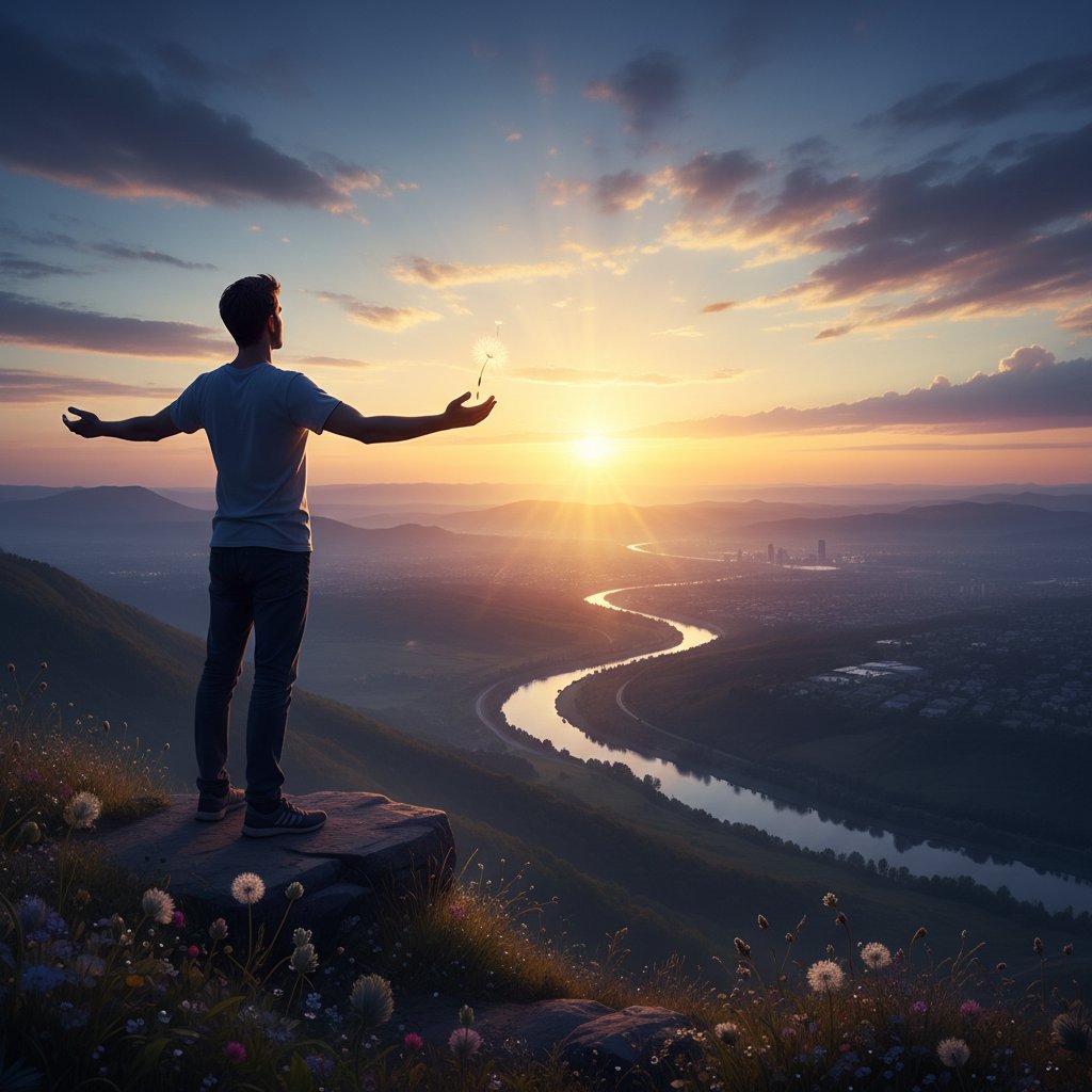 Osoba spoglądająca przed siebie z nadzieją, w tle świt nowego dnia – symbol wyjścia ze smutku