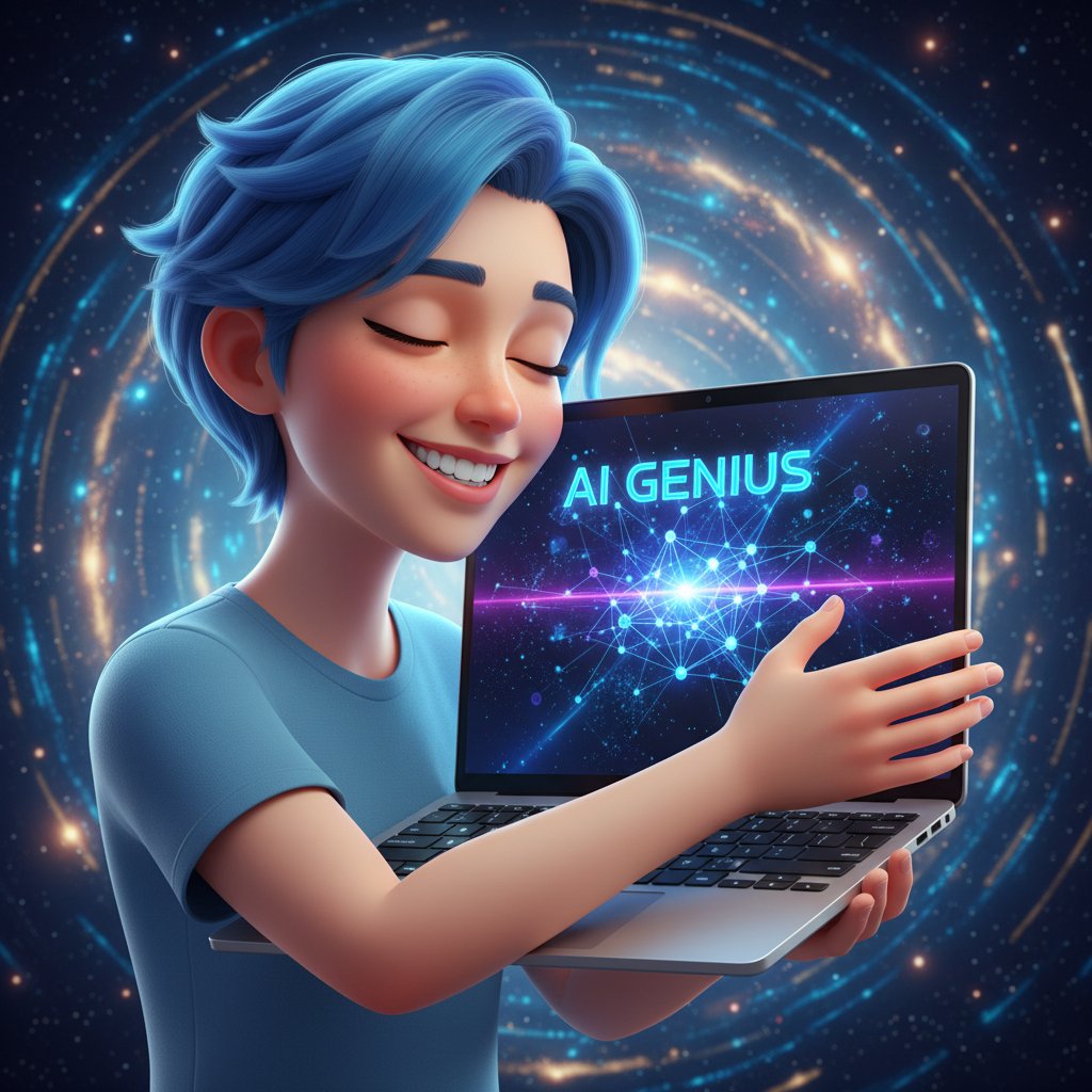 Osoba obejmująca ramieniem wyświetlacz laptopa z awatarem bota, uśmiech na twarzy