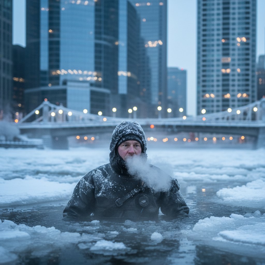 Osoba zanurzona w lodowatej wodzie, spalanie kalorii przez szok termiczny