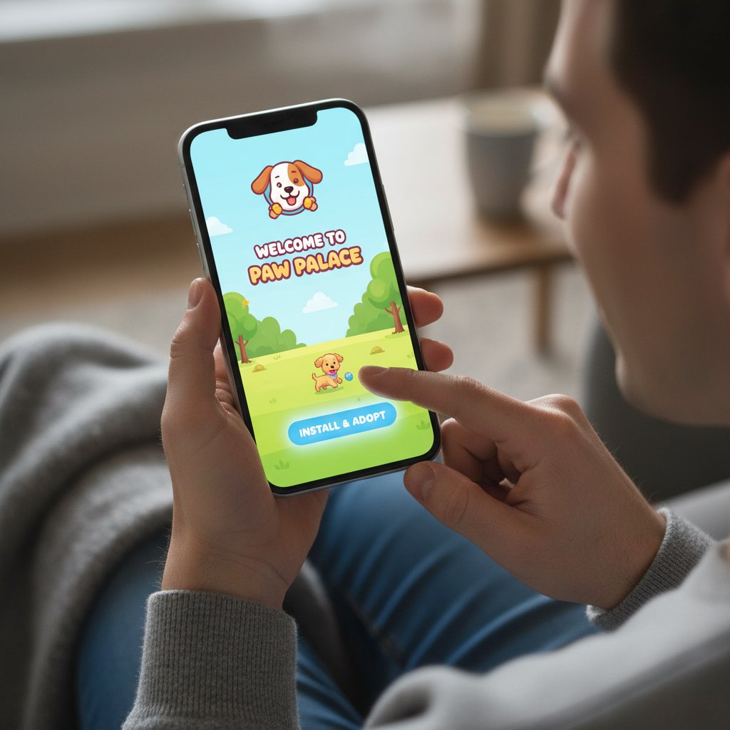 Osoba instalująca aplikację pies symulator aktywności sportowej na smartfonie, ekran powitalny z wyborem psa