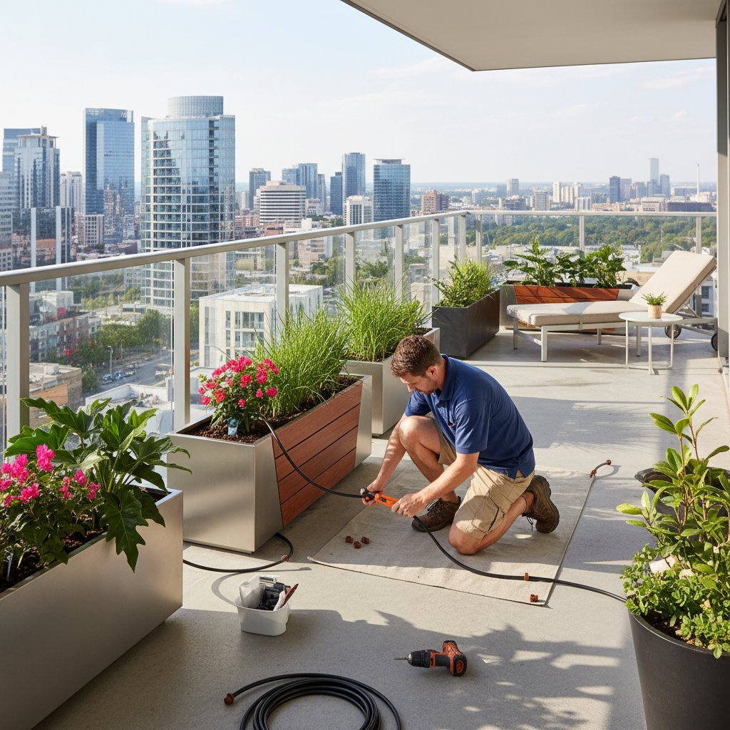 Montaż systemu nawadniania doniczek przez osobę na nowoczesnym balkonie
