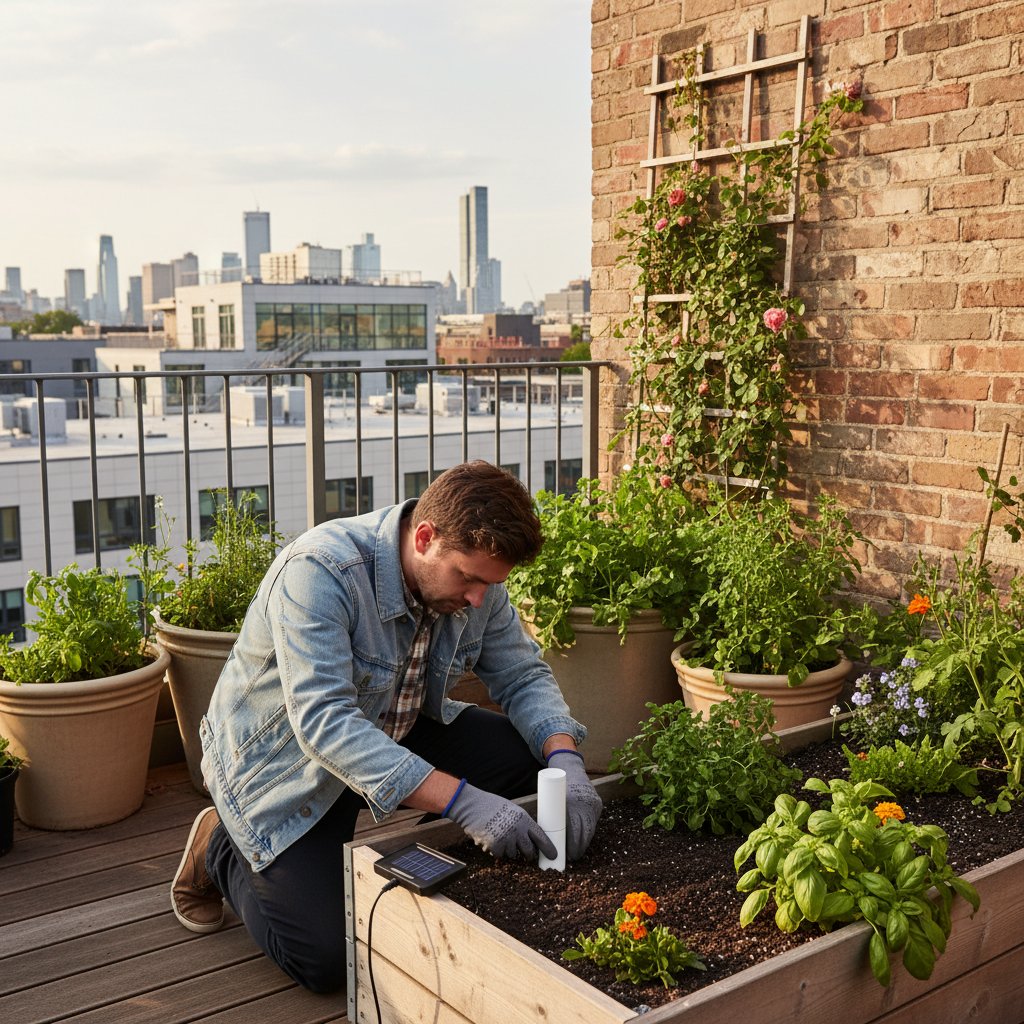Osoba montująca czujnik wilgotności gleby w miejskim ogrodzie na tarasie