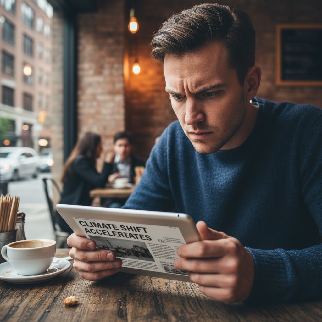 Portret osoby z intensywnym wyrazem twarzy, czytającej kontrowersyjny artykuł w miejskiej kawiarni – ilustracja zaangażowania wywołanego emocjami i autentycznością treści
