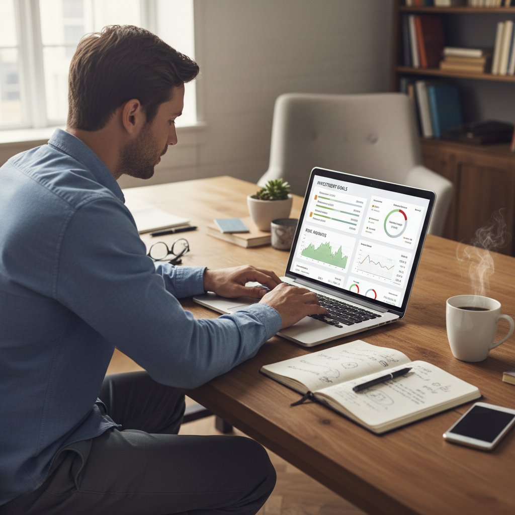 Osoba analizująca cele inwestycyjne i ryzyko z laptopem oraz wykresami finansowymi