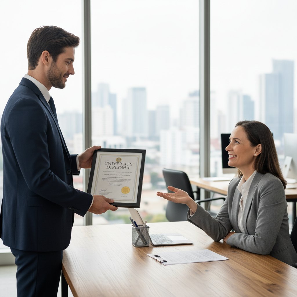 Osoba pokazująca certyfikat na rozmowie kwalifikacyjnej, rekruter z uśmiechem sprawdza dokument