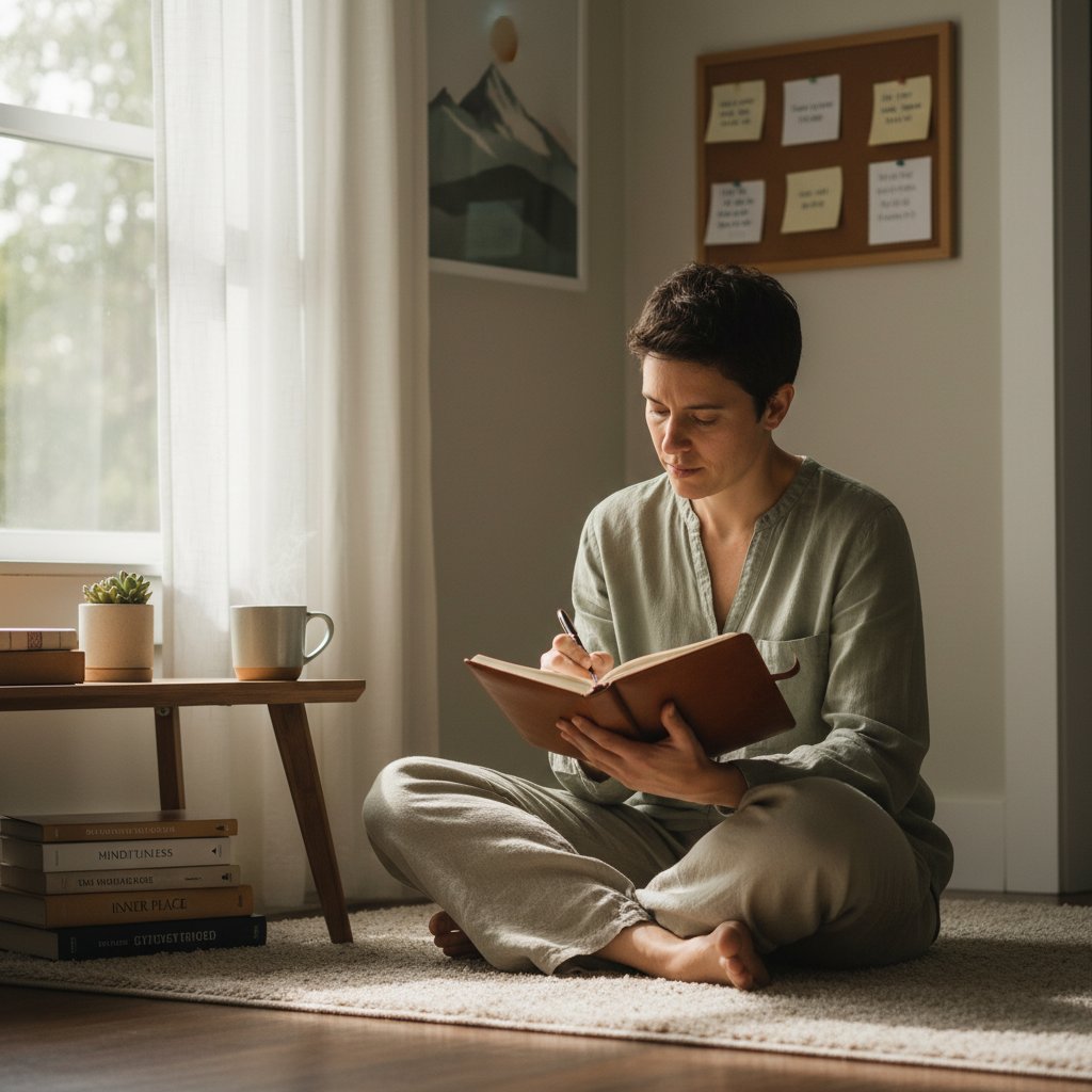 Osoba notująca w dzienniku, symbol codziennych rytuałów dbania o psychikę
