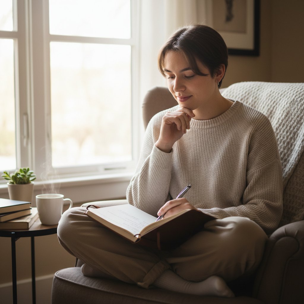 Osoba pisząca w dzienniku, mikro-nawyki, budowanie poczucia własnej wartości