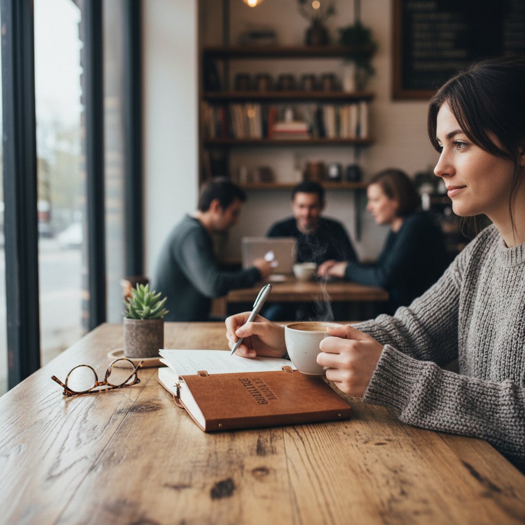 Osoba prowadząca dziennik wdzięczności w kawiarni, z laptopem i kawą