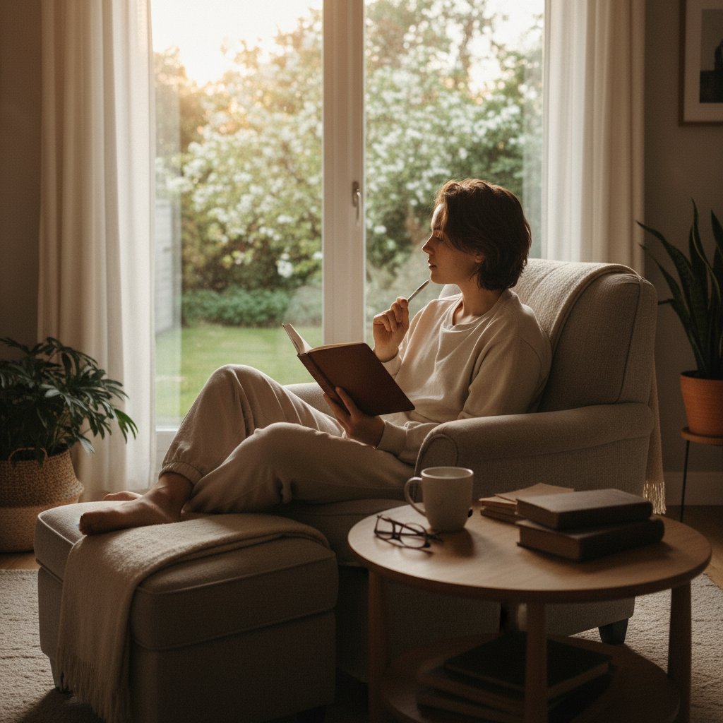 Osoba planująca codzienną aktywność, dziennik i relaks w domowej atmosferze