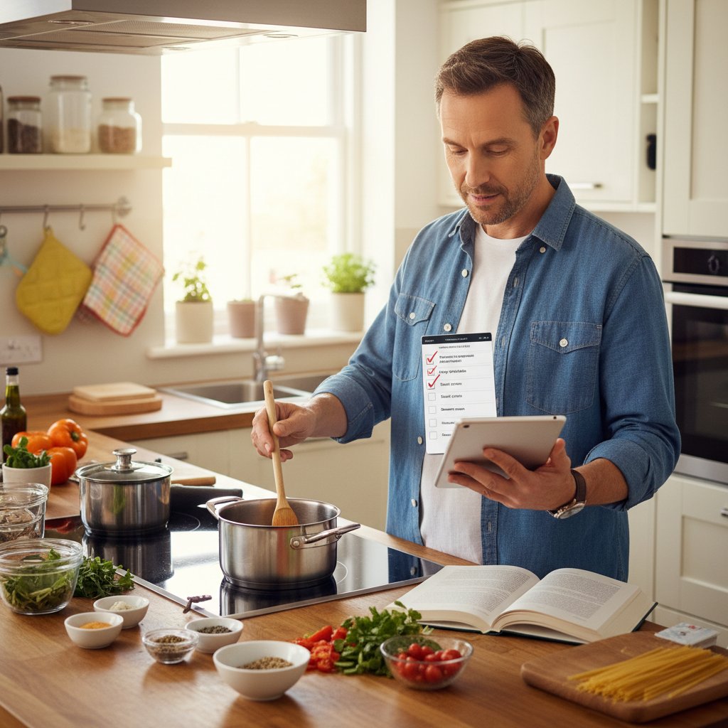 Osoba odhaczająca kolejne punkty checklisty na tablecie w kuchni