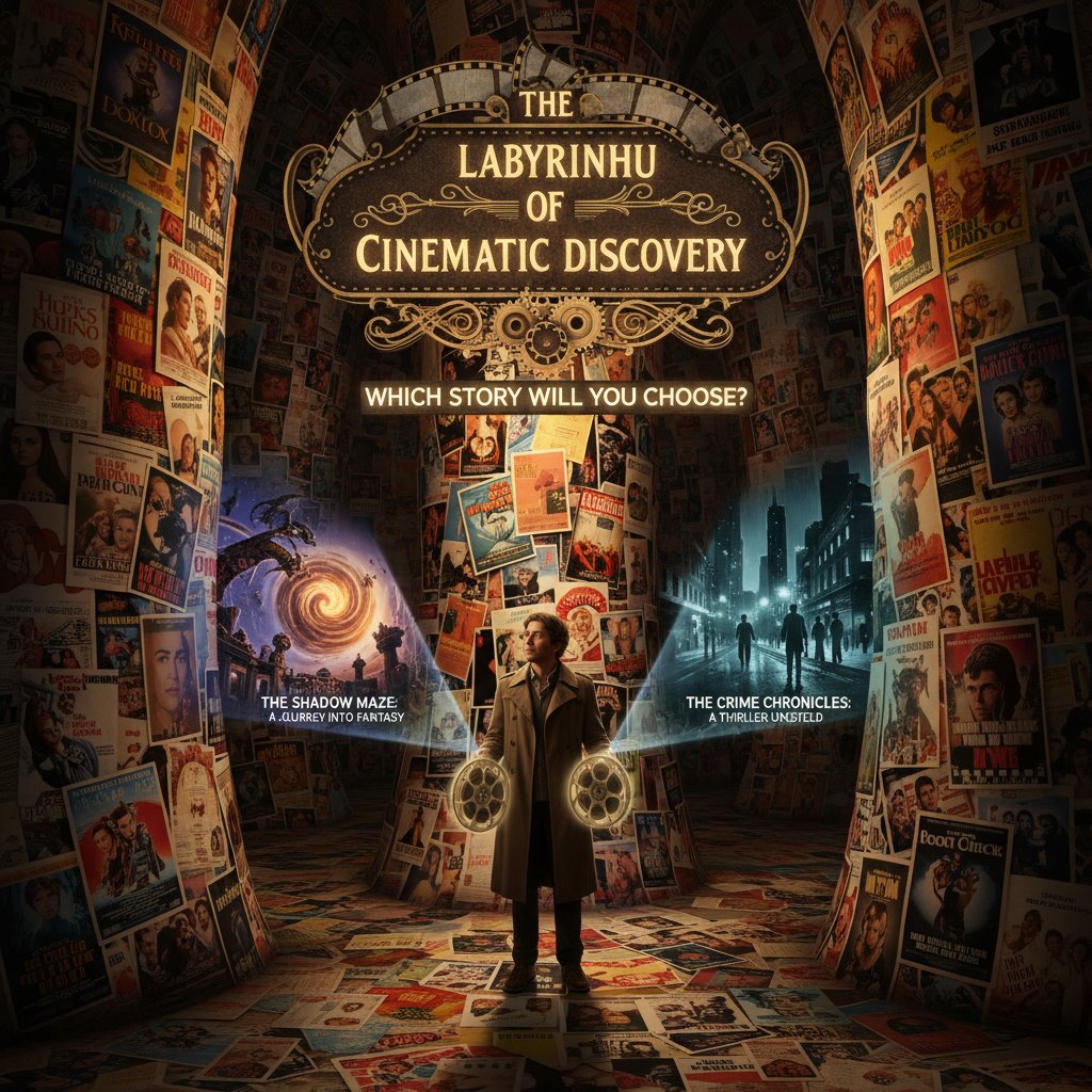Person navigating a labyrinth of movie posters, representing complex movie discovery
