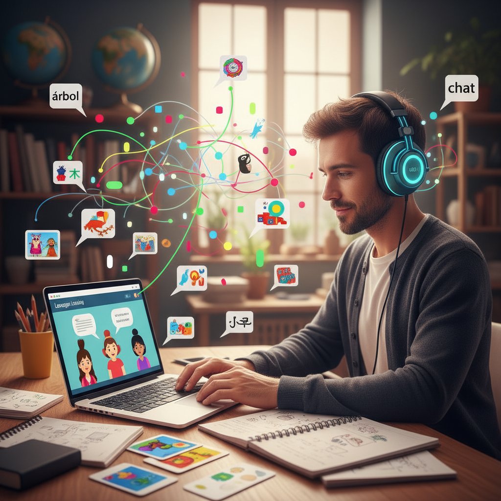 Zbliżenie na osobę uczącą się języka: słuchawki na uszach, notatki i aplikacja z kolorowymi obrazkami