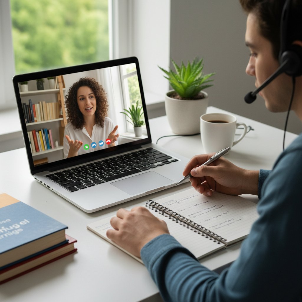 Osoba rozmawiająca online z native speakerem, notatki, komputer, intensywna praktyka mówienia